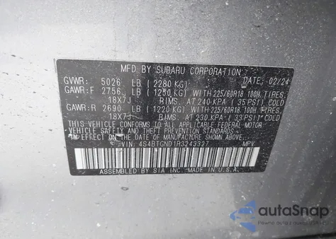 2024 Subaru Outback Limited Xt z USA, uszkodzony, nr VIN 4S4BTGND1R3243327